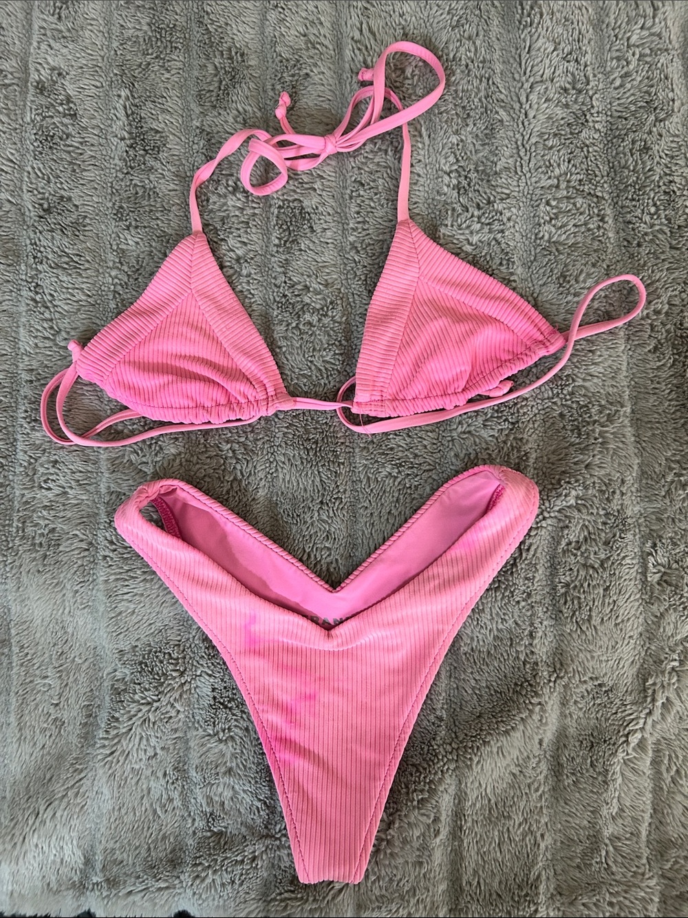 Frankie's Bikinis Pink Ribbed Triangle Top & V-V High Cut Bottom